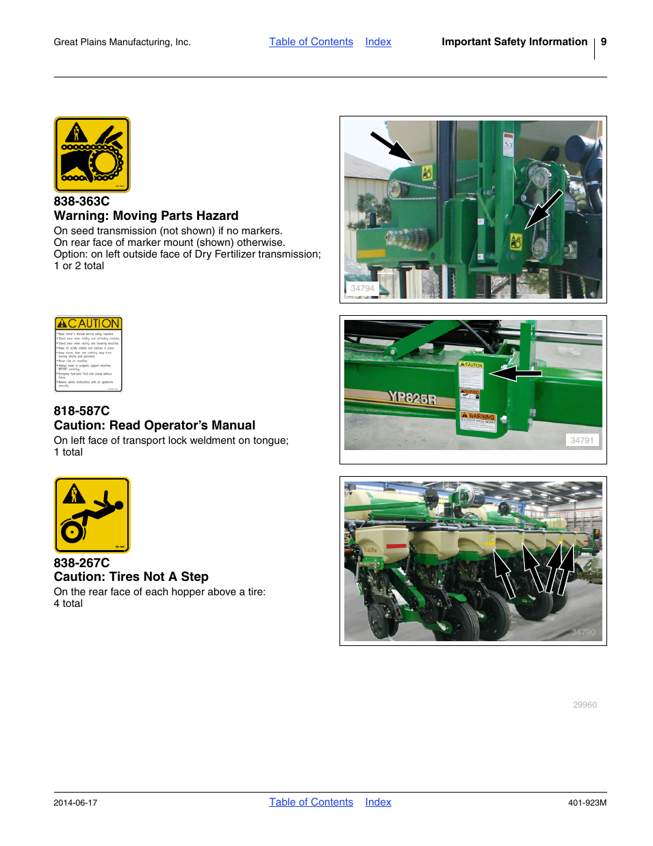 363c warning: moving parts hazard, 587c caution: read operator’s manual, 267c caution: tires not a step | Great Plains YP825AR Operator Manual User Manual | Page 13 / 166