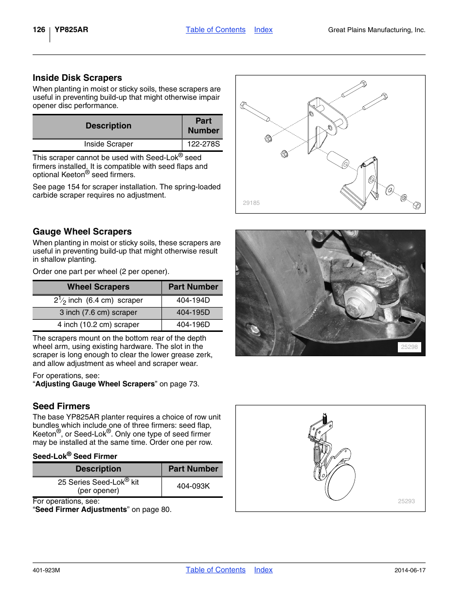 Inside disk scrapers, Gauge wheel scrapers, Seed firmers | Seed-lok® seed firmer | Great Plains YP825AR Operator Manual User Manual | Page 130 / 166