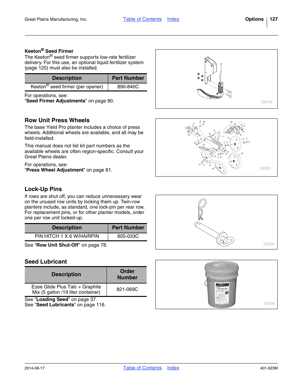 Keeton® seed firmer, Row unit press wheels, Lock-up pins | Seed lubricant | Great Plains YP825AR Operator Manual User Manual | Page 131 / 166
