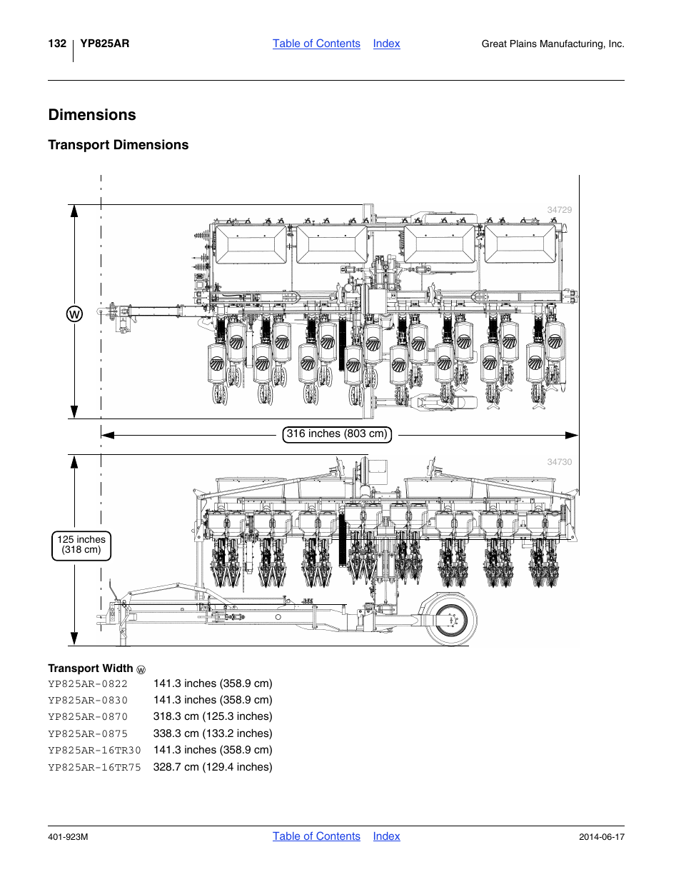 Dimensions, Transport dimensions, Transport width | Great Plains YP825AR Operator Manual User Manual | Page 136 / 166