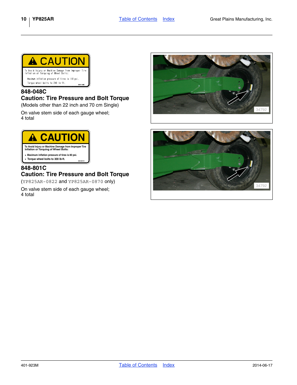048c caution: tire pressure and bolt torque, 801c caution: tire pressure and bolt torque, Caution | Great Plains YP825AR Operator Manual User Manual | Page 14 / 166