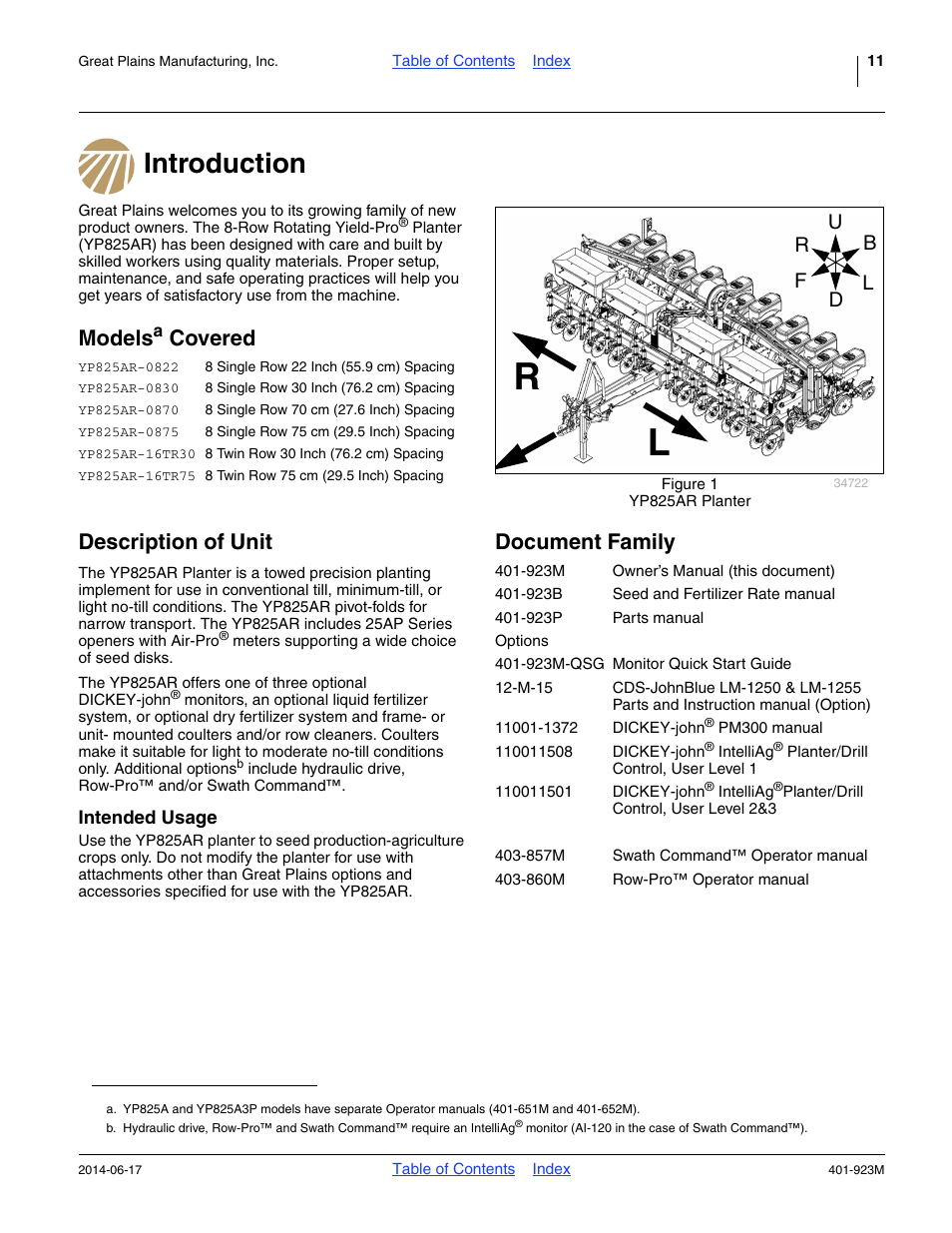 Introduction, Models covered, Description of unit | Intended usage, Document family, Introduction models covered description of unit, Yp825ar-0822 and yp825ar-0870 only), Models, Covered description of unit | Great Plains YP825AR Operator Manual User Manual | Page 15 / 166