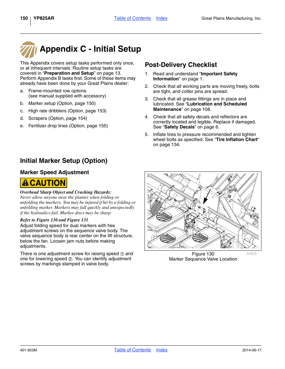 Appendix c - initial setup, Post-delivery checklist, Initial marker setup (option) | Marker speed adjustment | Great Plains YP825AR Operator Manual User Manual | Page 154 / 166