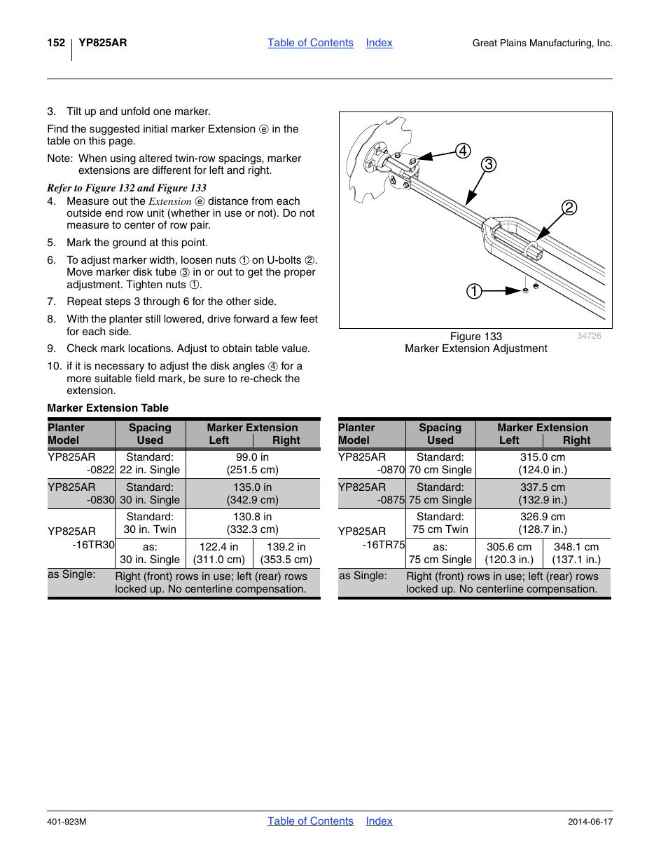 Marker extension table | Great Plains YP825AR Operator Manual User Manual | Page 156 / 166