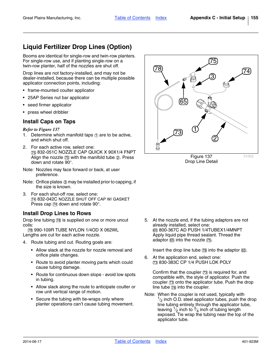 Liquid fertilizer drop lines (option), Install caps on taps, Install drop lines to rows | Install caps on taps install drop lines to rows | Great Plains YP825AR Operator Manual User Manual | Page 159 / 166