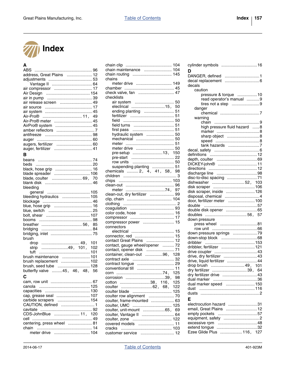 Index | Great Plains YP825AR Operator Manual User Manual | Page 161 / 166
