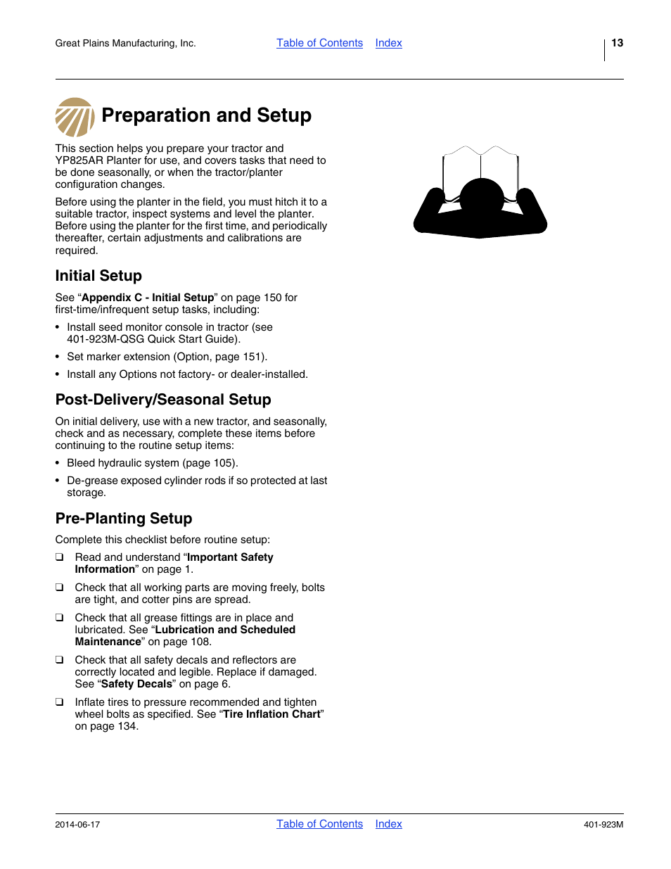 Preparation and setup, Initial setup, Post-delivery/seasonal setup | Pre-planting setup | Great Plains YP825AR Operator Manual User Manual | Page 17 / 166