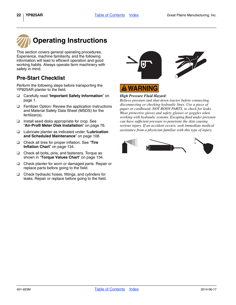 Operating instructions, Pre-start checklist, Operating instructions pre-start checklist | Great Plains YP825AR Operator Manual User Manual | Page 26 / 166