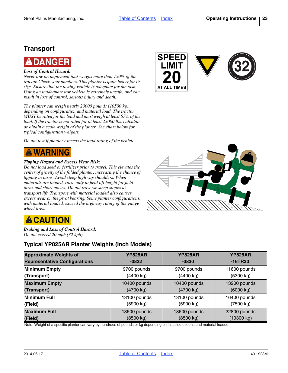 Transport, Typical yp825ar planter weights (inch models) | Great Plains YP825AR Operator Manual User Manual | Page 27 / 166