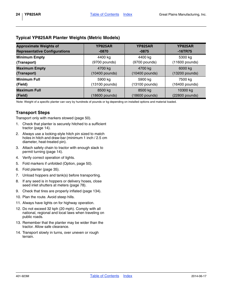 Typical yp825ar planter weights (metric models), Transport steps | Great Plains YP825AR Operator Manual User Manual | Page 28 / 166