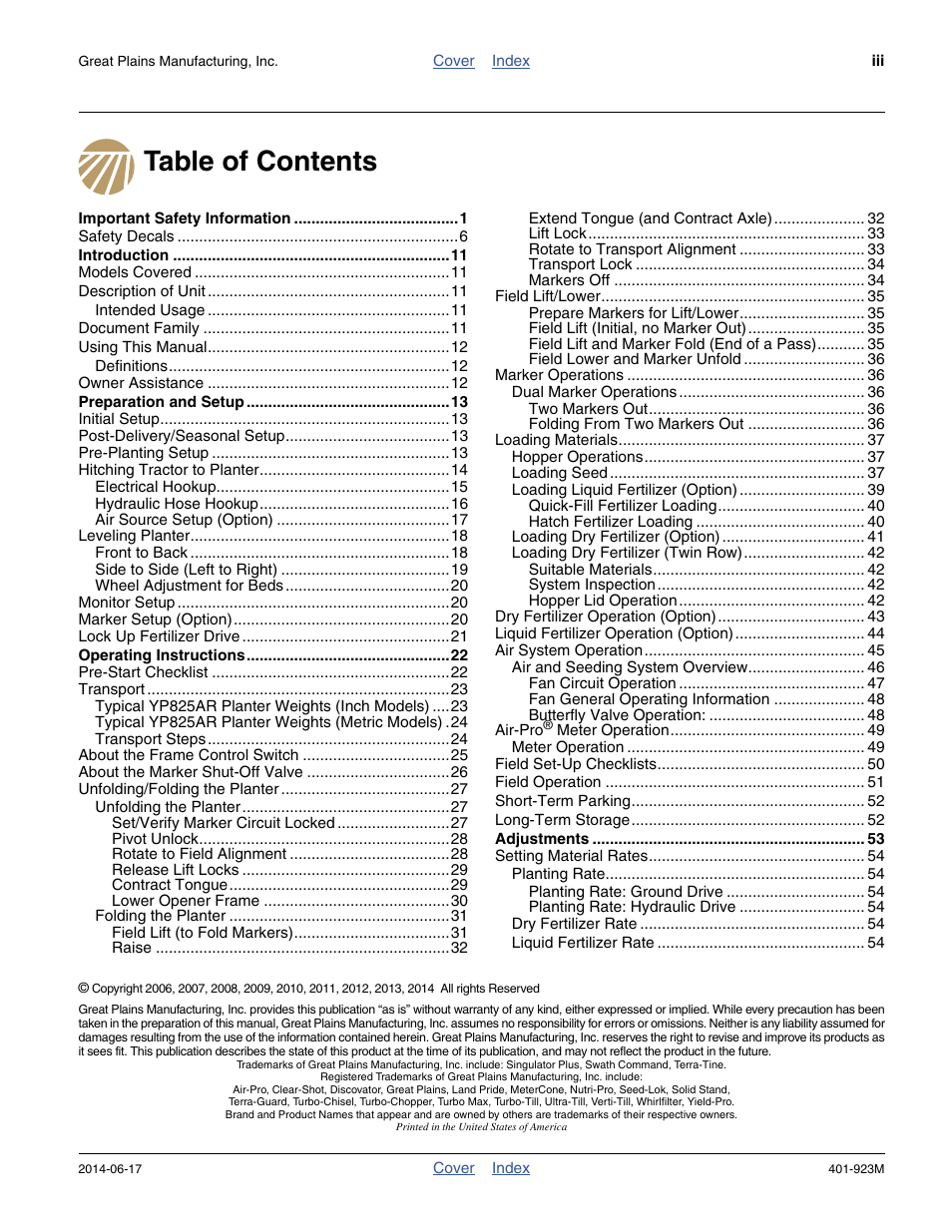 Great Plains YP825AR Operator Manual User Manual | Page 3 / 166