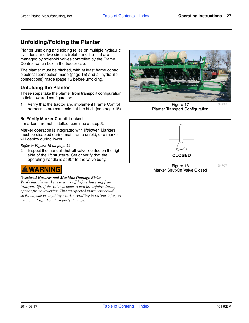 Unfolding/folding the planter, Unfolding the planter, Set/verify marker circuit locked | Great Plains YP825AR Operator Manual User Manual | Page 31 / 166