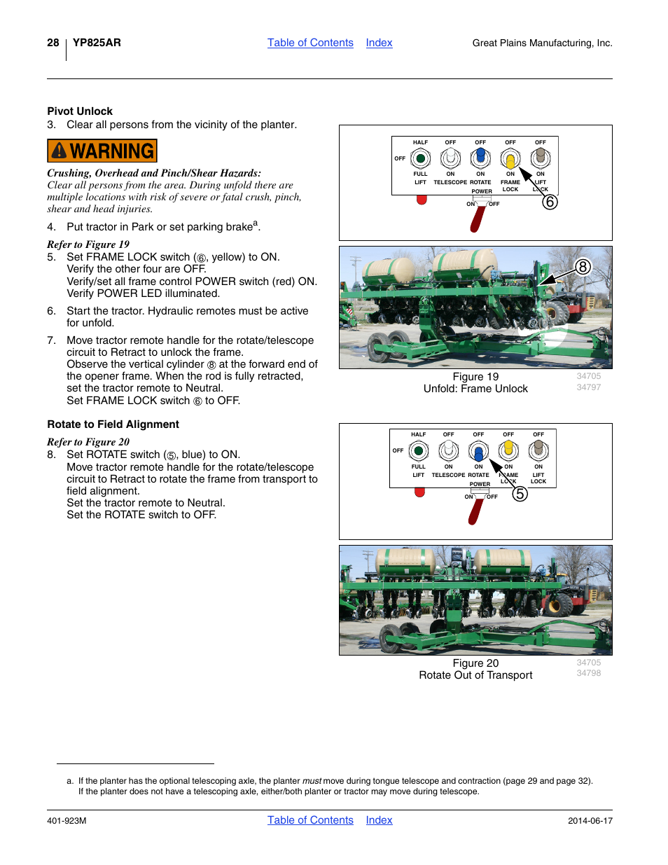 Pivot unlock, Rotate to field alignment, Pivot unlock rotate to field alignment | Table of contents index, Figure 19 unfold: frame unlock, Figure 20 rotate out of transport | Great Plains YP825AR Operator Manual User Manual | Page 32 / 166