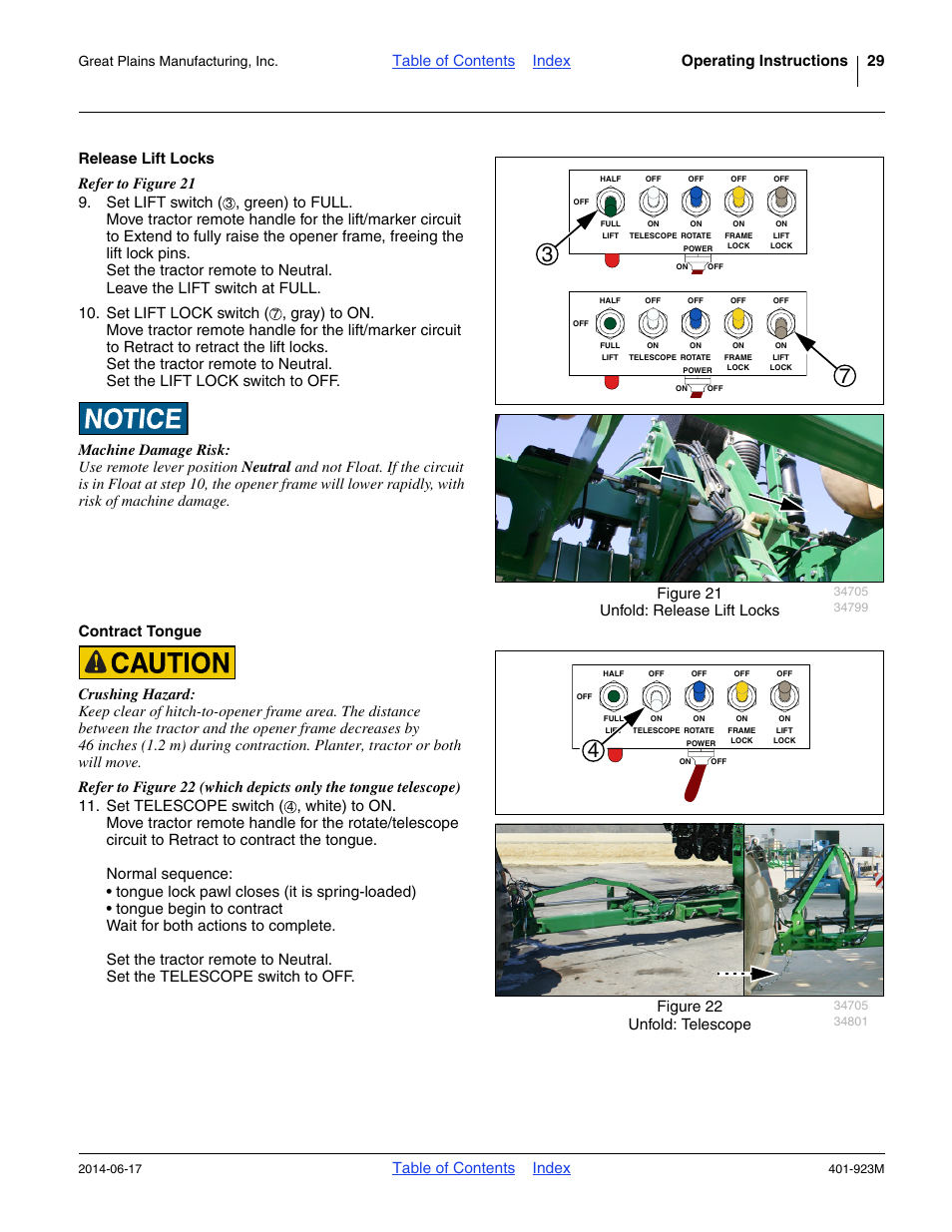 Release lift locks, Contract tongue, Release lift locks contract tongue | Table of contents index operating instructions 29, Table of contents index, Figure 22 unfold: telescope, Great plains manufacturing, inc | Great Plains YP825AR Operator Manual User Manual | Page 33 / 166