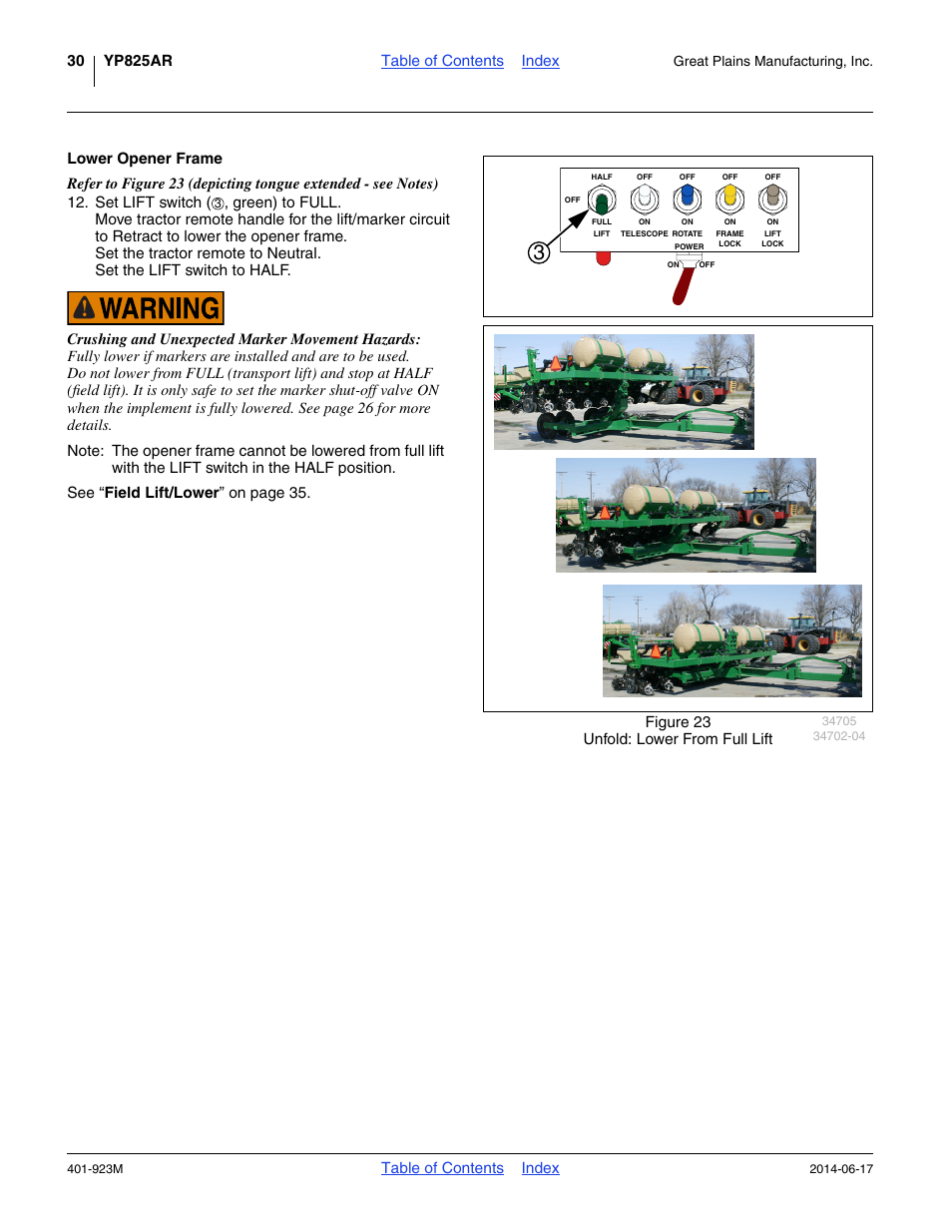 Lower opener frame, Table of contents index | Great Plains YP825AR Operator Manual User Manual | Page 34 / 166