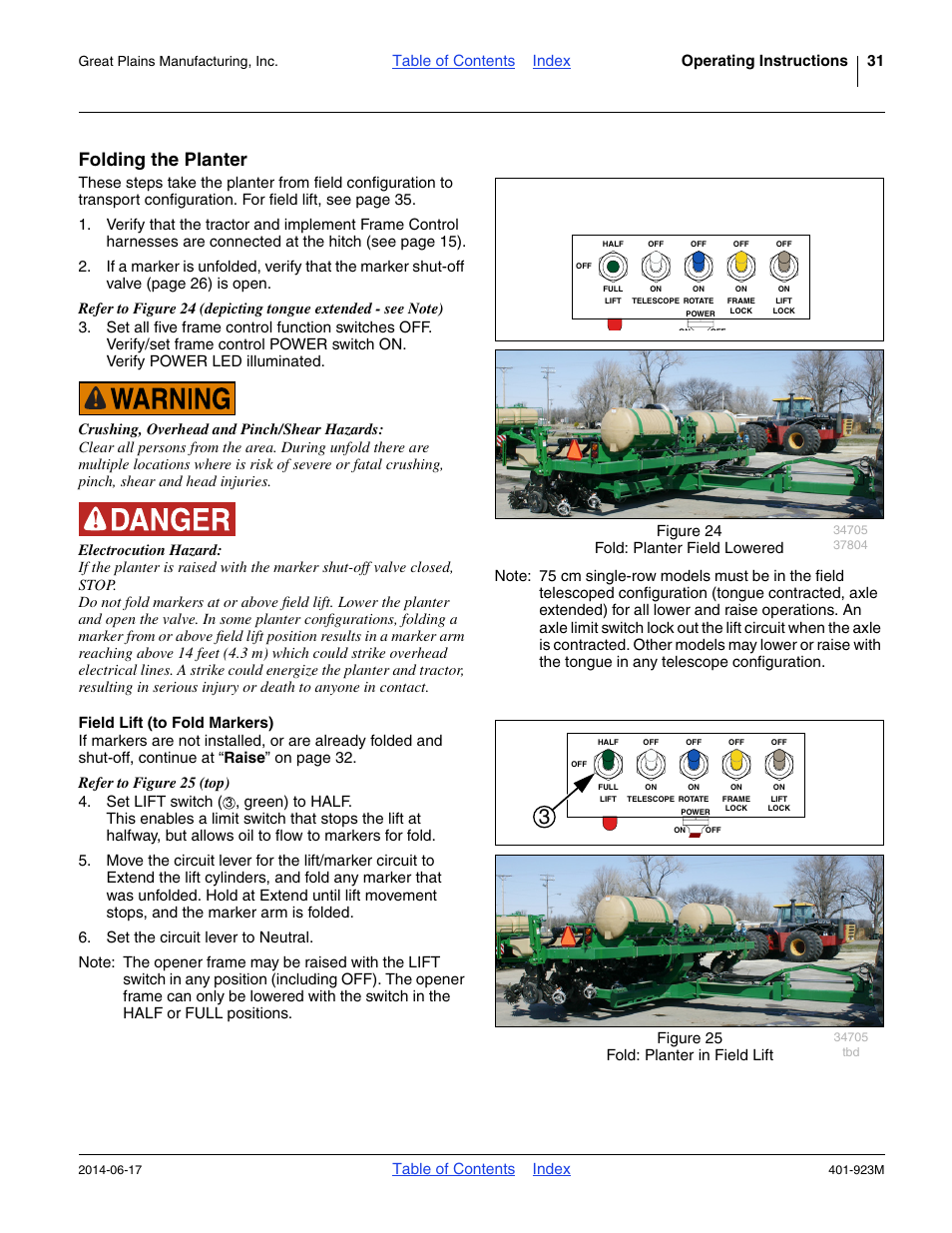 Folding the planter, Field lift (to fold markers), Table of contents index operating instructions 31 | Table of contents index, Figure 25 fold: planter in field lift | Great Plains YP825AR Operator Manual User Manual | Page 35 / 166