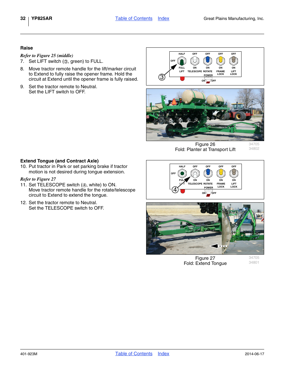 Raise, Extend tongue (and contract axle), Table of contents index | Figure 27 fold: extend tongue, Great plains manufacturing, inc | Great Plains YP825AR Operator Manual User Manual | Page 36 / 166