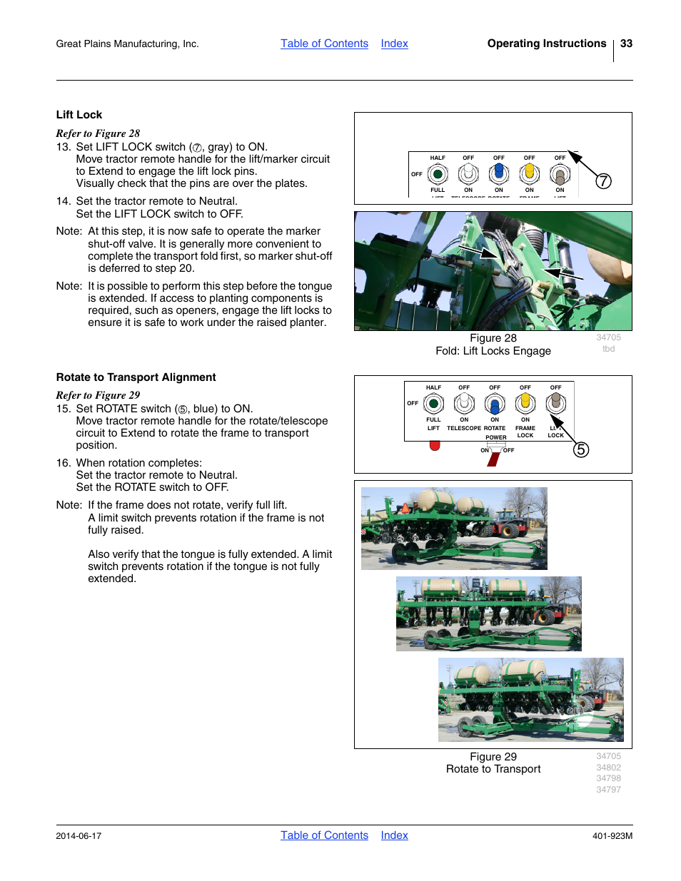 Lift lock, Rotate to transport alignment, Lift lock rotate to transport alignment | Table of contents index operating instructions 33, Table of contents index, Figure 29 rotate to transport | Great Plains YP825AR Operator Manual User Manual | Page 37 / 166