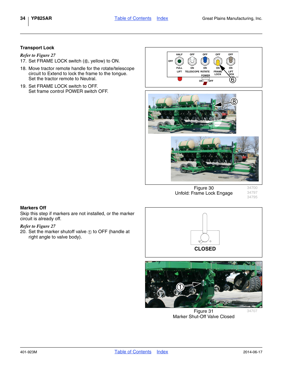 Transport lock, Markers off, Transport lock markers off | Step 20, Closed | Great Plains YP825AR Operator Manual User Manual | Page 38 / 166