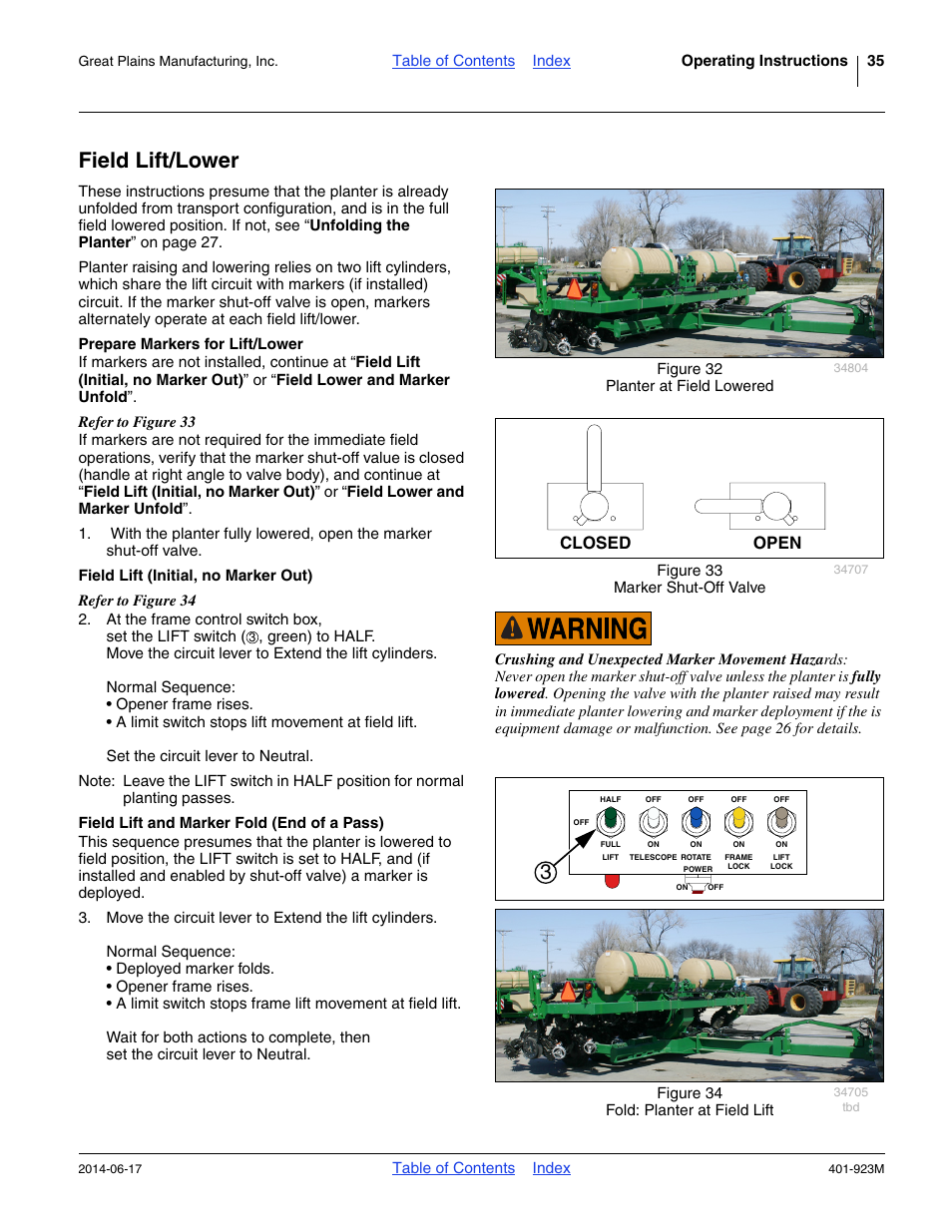 Field lift/lower, Prepare markers for lift/lower, Field lift (initial, no marker out) | Field lift and marker fold (end of a pass), Closed open | Great Plains YP825AR Operator Manual User Manual | Page 39 / 166