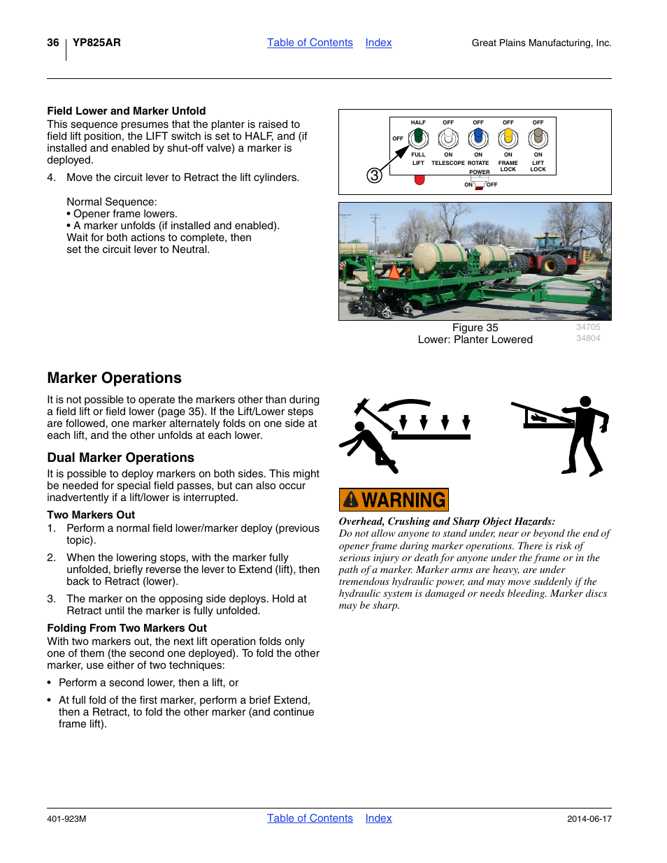 Field lower and marker unfold, Marker operations, Dual marker operations | Two markers out, Folding from two markers out, Two markers out folding from two markers out | Great Plains YP825AR Operator Manual User Manual | Page 40 / 166