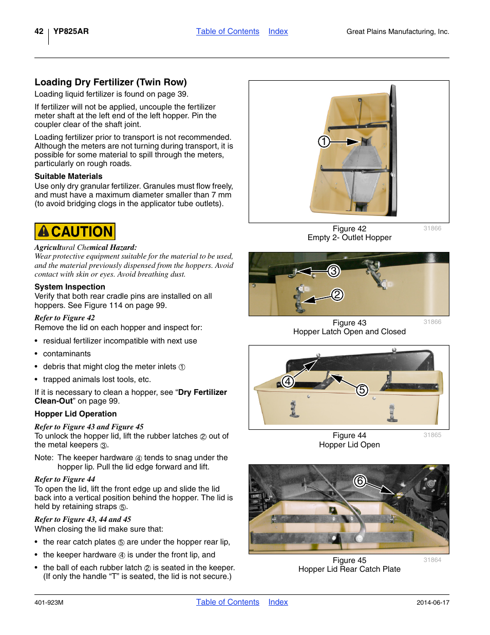 Loading dry fertilizer (twin row), Suitable materials, System inspection | Hopper lid operation | Great Plains YP825AR Operator Manual User Manual | Page 46 / 166