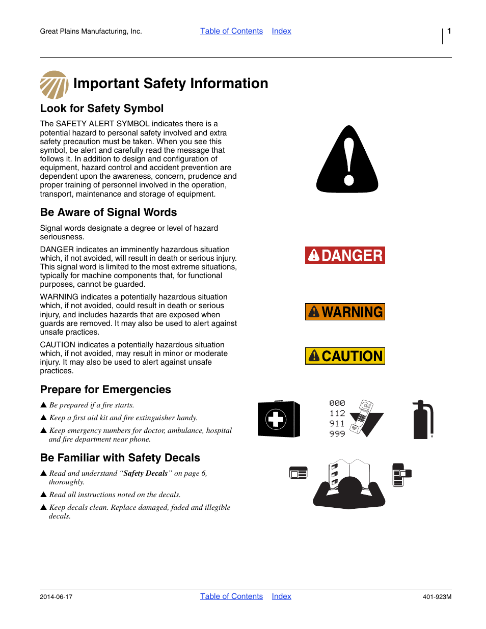 Important safety information, Look for safety symbol, Be aware of signal words | Prepare for emergencies, Be familiar with safety decals | Great Plains YP825AR Operator Manual User Manual | Page 5 / 166