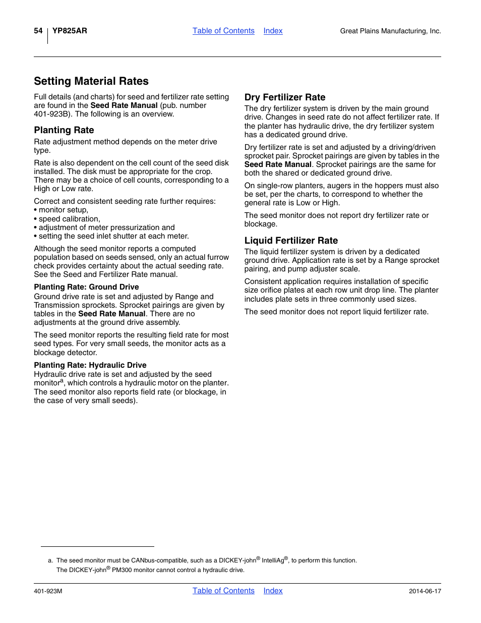 Setting material rates, Planting rate, Planting rate: ground drive | Planting rate: hydraulic drive, Dry fertilizer rate, Liquid fertilizer rate, Dry fertilizer rate liquid fertilizer rate | Great Plains YP825AR Operator Manual User Manual | Page 58 / 166