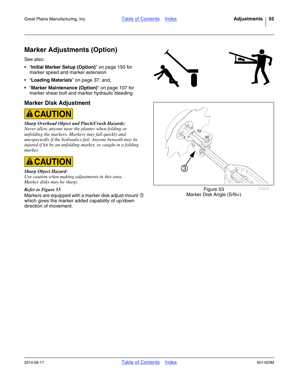 Marker adjustments (option), Marker disk adjustment | Great Plains YP825AR Operator Manual User Manual | Page 59 / 166