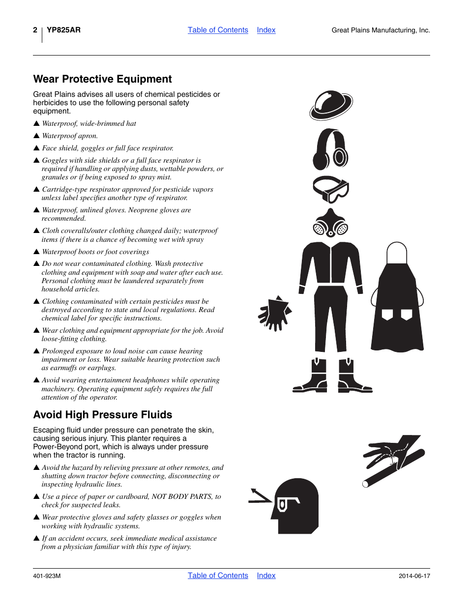 Wear protective equipment, Avoid high pressure fluids | Great Plains YP825AR Operator Manual User Manual | Page 6 / 166