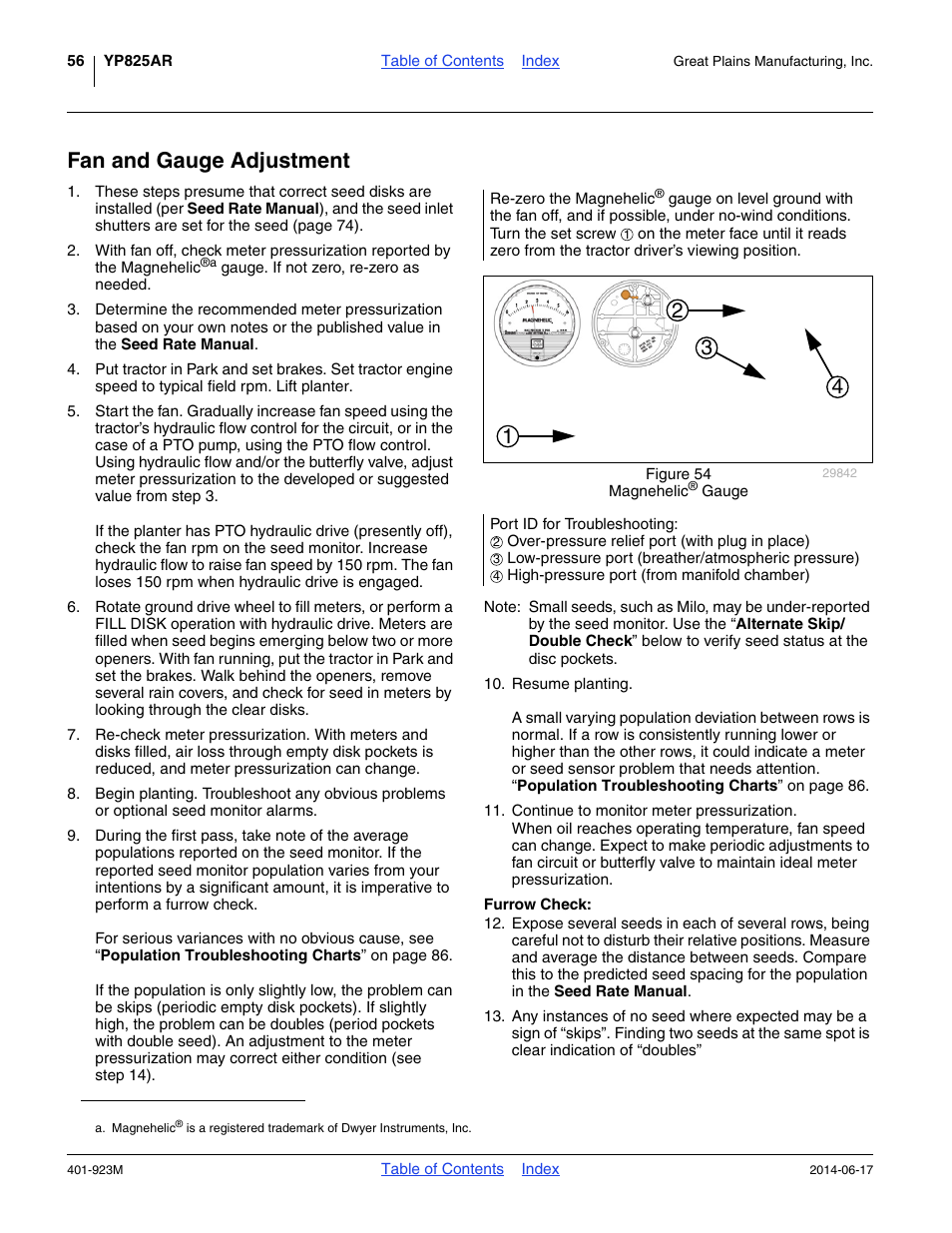 Fan and gauge adjustment, Furrow check | Great Plains YP825AR Operator Manual User Manual | Page 60 / 166