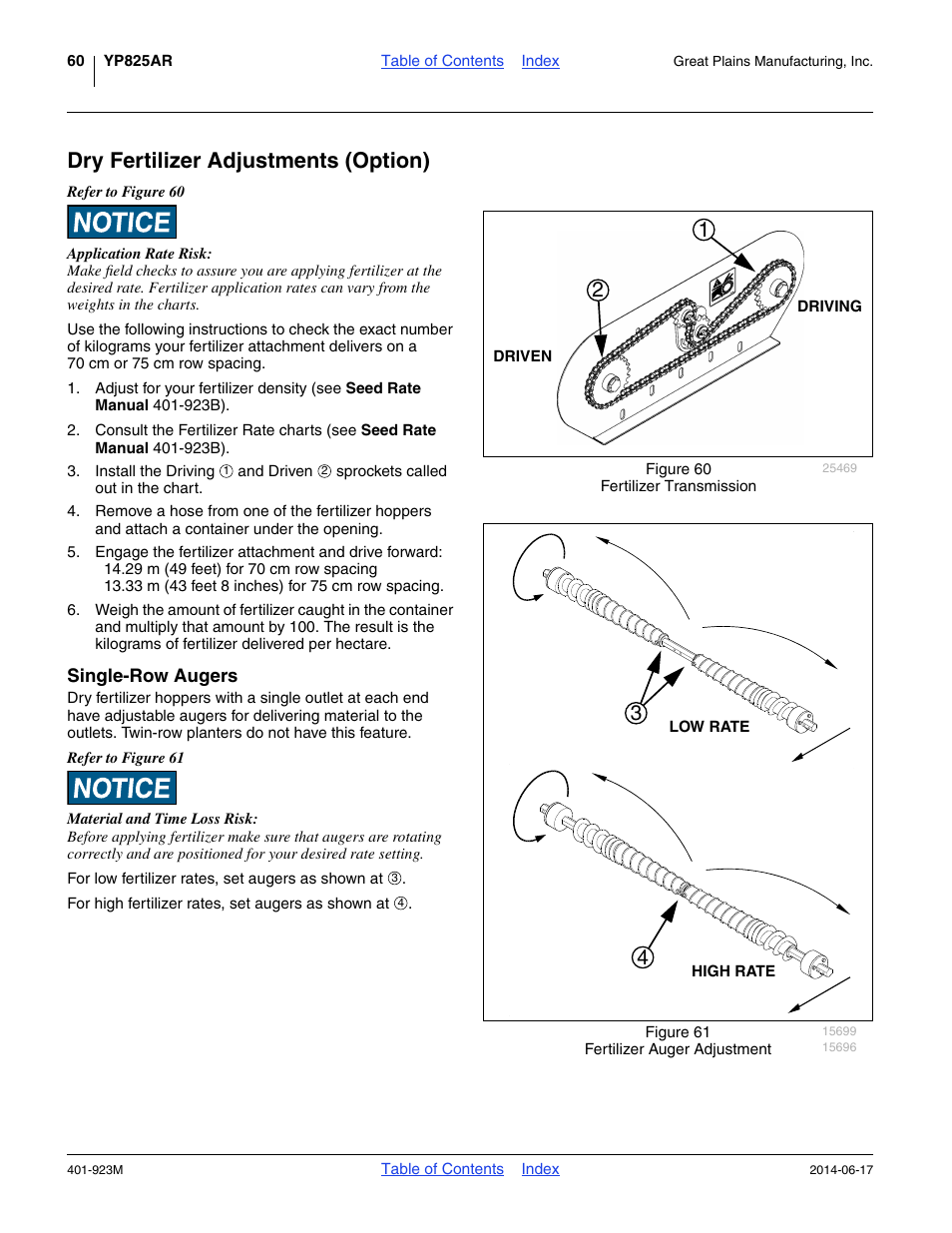 Dry fertilizer adjustments (option), Single-row augers | Great Plains YP825AR Operator Manual User Manual | Page 64 / 166