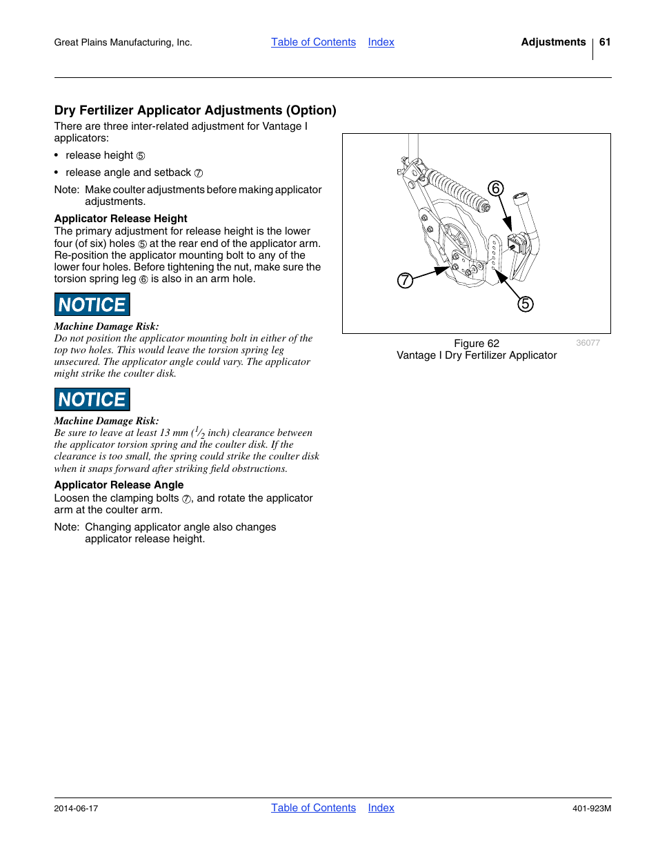 Dry fertilizer applicator adjustments (option), Applicator release height, Applicator release angle | Applicator release height applicator release angle | Great Plains YP825AR Operator Manual User Manual | Page 65 / 166