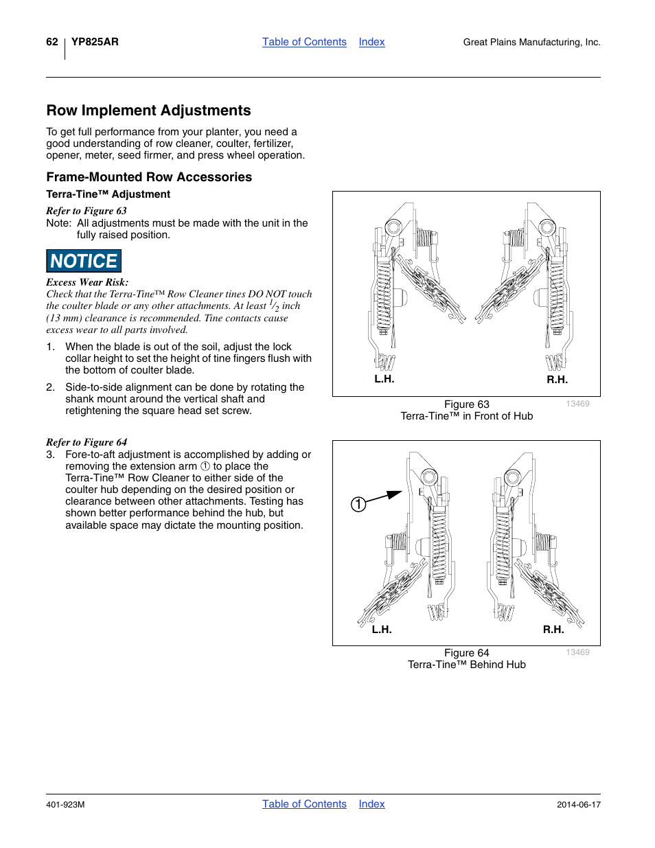 Row implement adjustments, Frame-mounted row accessories, Terra-tine™ adjustment | Great Plains YP825AR Operator Manual User Manual | Page 66 / 166