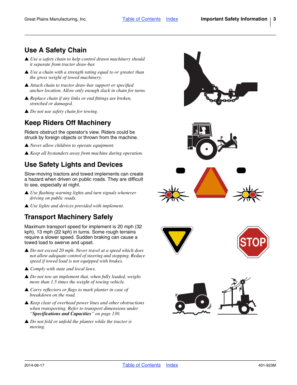 Keep riders off machinery, Use safety lights and devices, Transport machinery safely | Use a safety chain | Great Plains YP825AR Operator Manual User Manual | Page 7 / 166