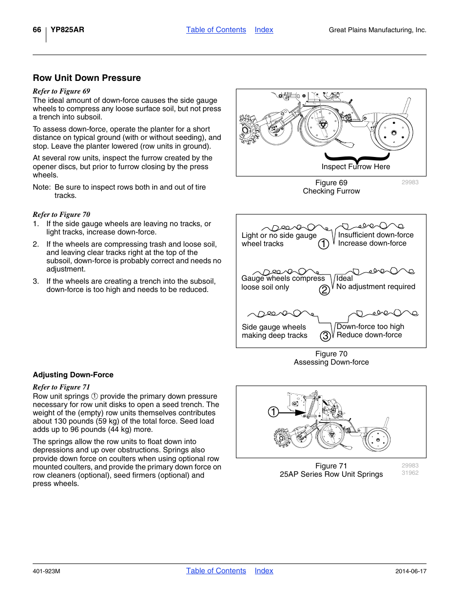 Row unit down pressure, Adjusting down-force | Great Plains YP825AR Operator Manual User Manual | Page 70 / 166