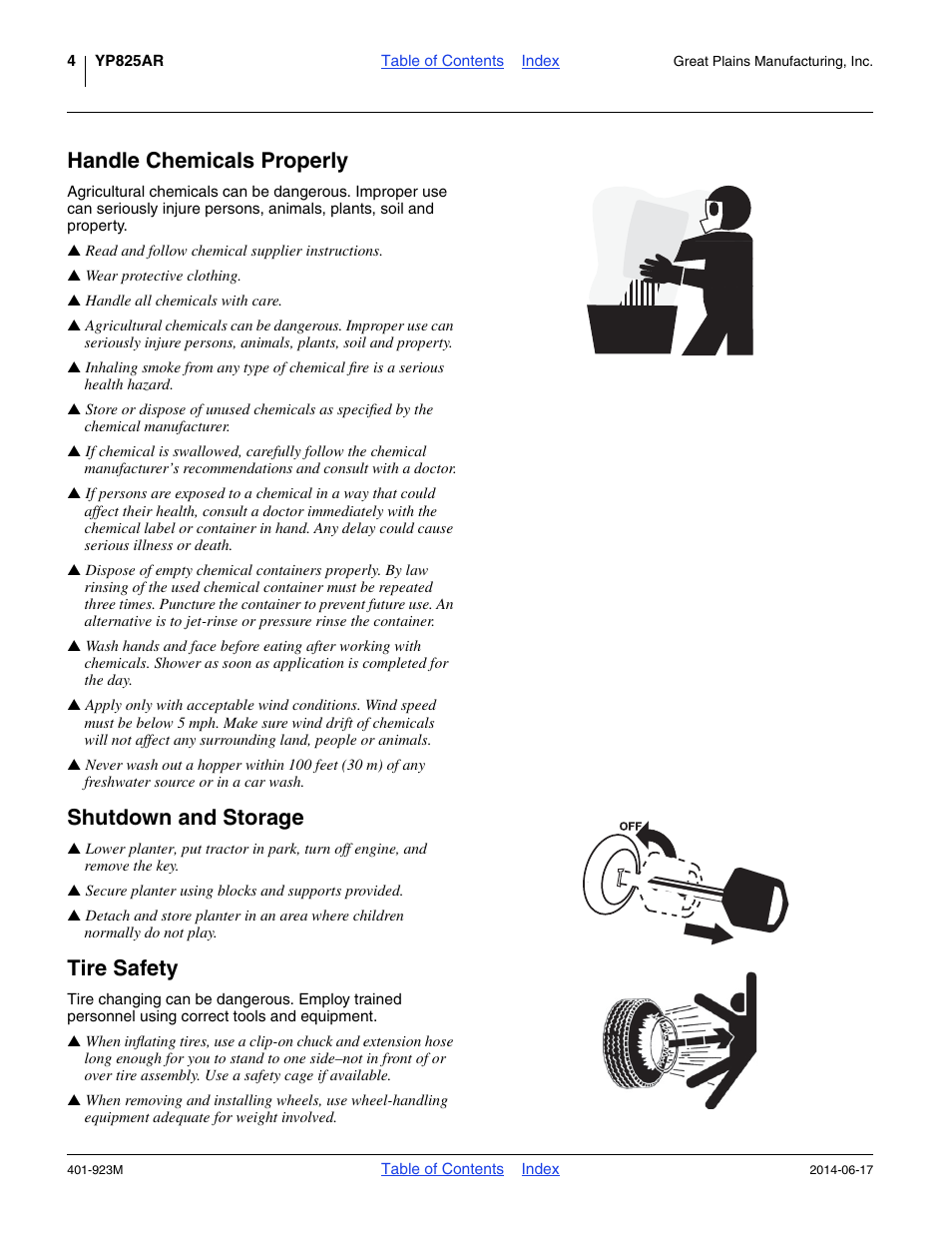 Handle chemicals properly, Shutdown and storage, Tire safety | Great Plains YP825AR Operator Manual User Manual | Page 8 / 166
