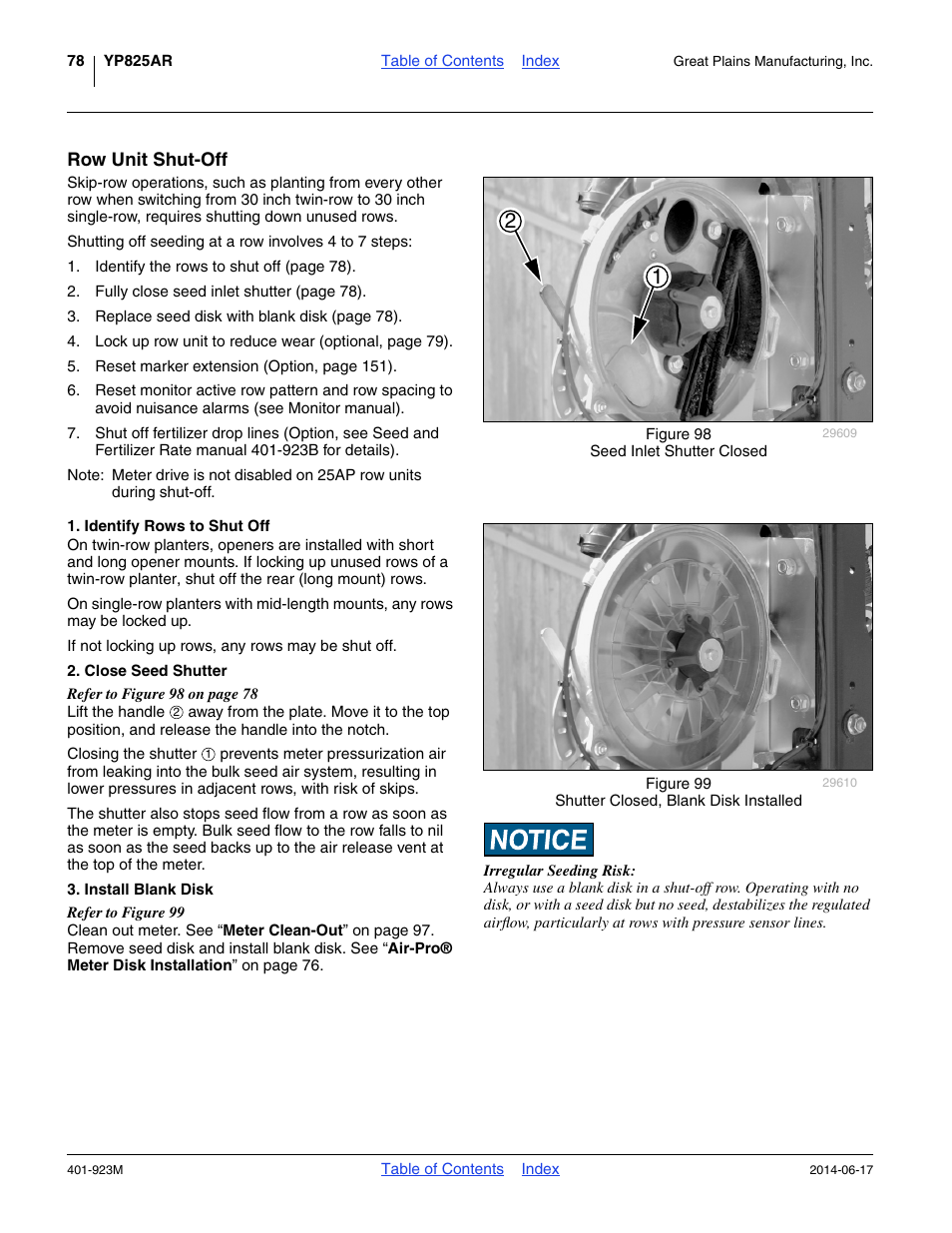 Row unit shut-off, Identify rows to shut off, Close seed shutter | Install blank disk | Great Plains YP825AR Operator Manual User Manual | Page 82 / 166