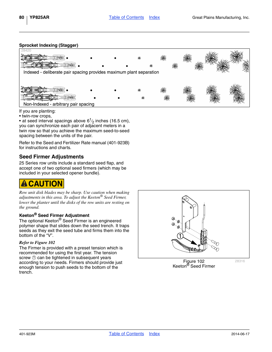 Sprocket indexing (stagger), Seed firmer adjustments, Keeton® seed firmer adjustment | Keeton | Great Plains YP825AR Operator Manual User Manual | Page 84 / 166