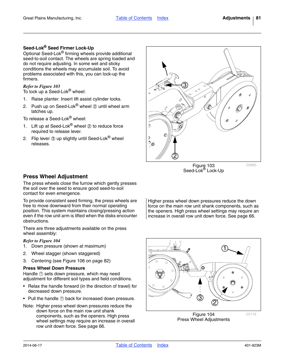 Seed-lok® seed firmer lock-up, Press wheel adjustment, Press wheel down pressure | Seed-lok | Great Plains YP825AR Operator Manual User Manual | Page 85 / 166