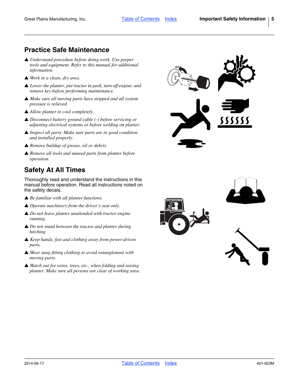 Practice safe maintenance, Safety at all times | Great Plains YP825AR Operator Manual User Manual | Page 9 / 166