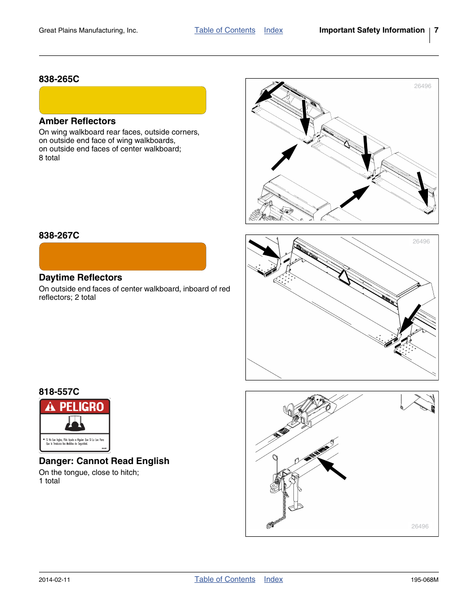 265c amber reflectors, 267c daytime reflectors, 557c danger: cannot read english | Great Plains 3S-3000HDF Operator Manual v2 User Manual | Page 11 / 118