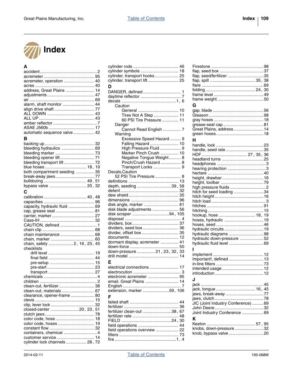 Index | Great Plains 3S-3000HDF Operator Manual v2 User Manual | Page 113 / 118