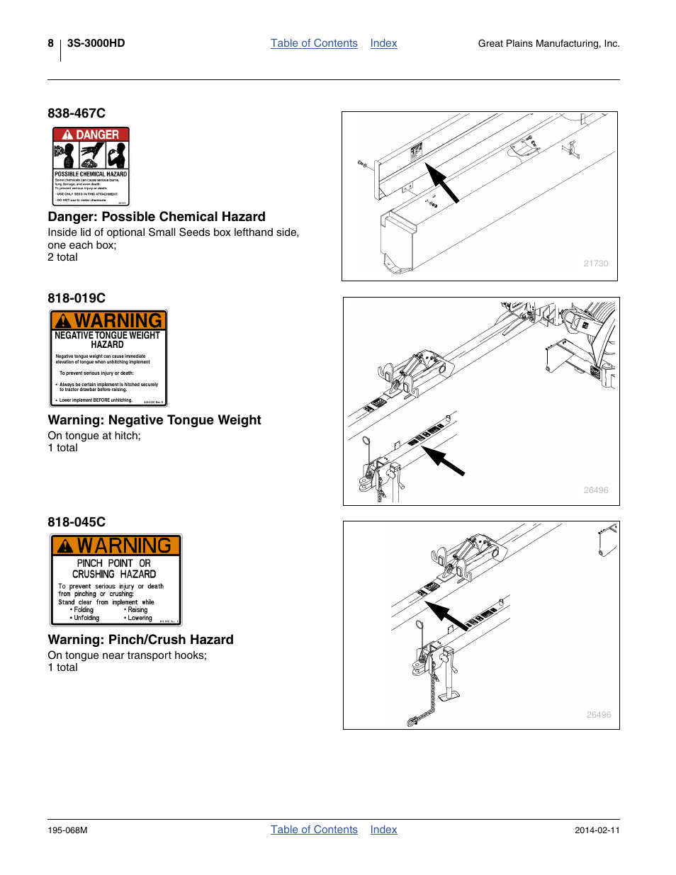 467c danger: possible chemical hazard, 019c warning: negative tongue weight, 045c warning: pinch/crush hazard | Warning | Great Plains 3S-3000HDF Operator Manual v2 User Manual | Page 12 / 118