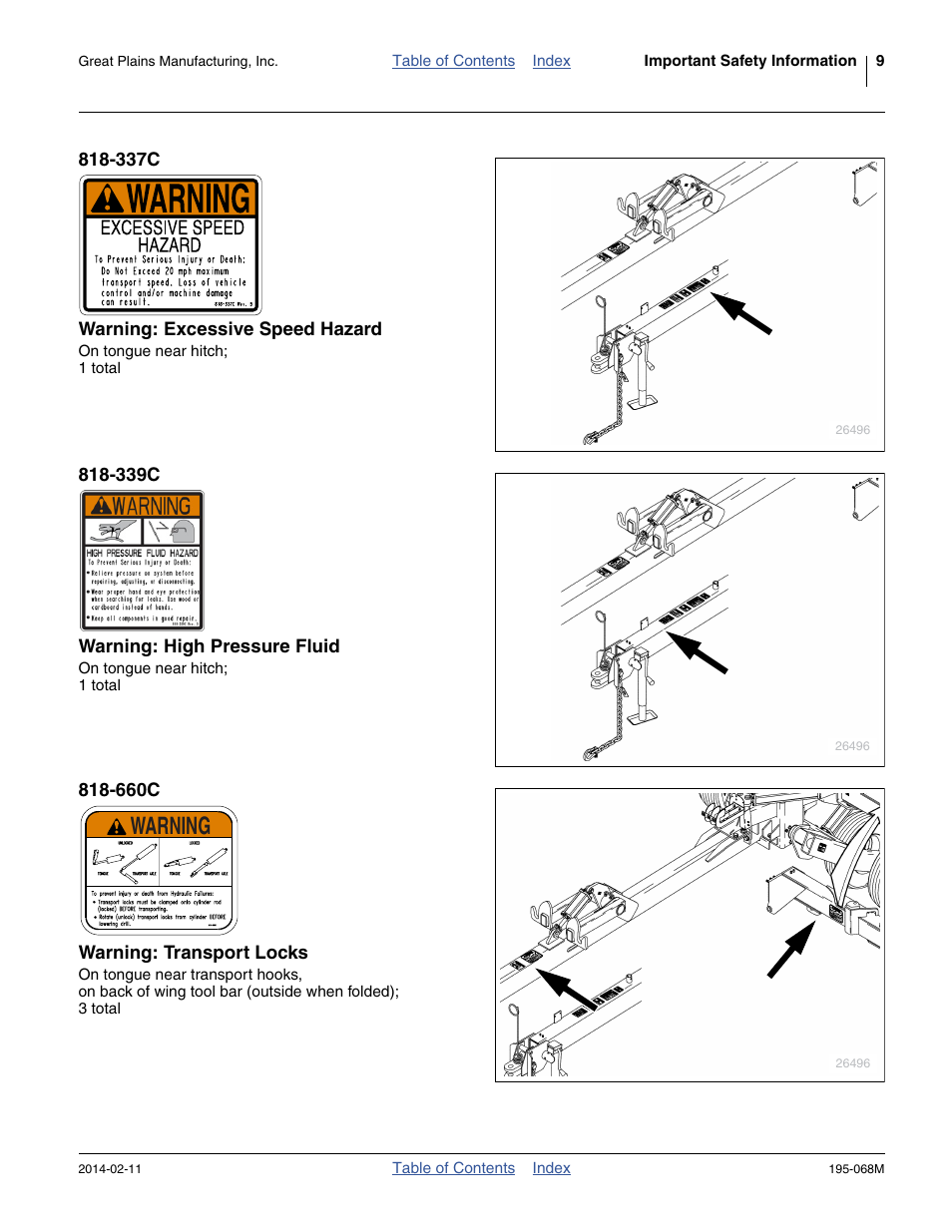 337c warning: excessive speed hazard, 339c warning: high pressure fluid, 660c warning: transport locks | Warning | Great Plains 3S-3000HDF Operator Manual v2 User Manual | Page 13 / 118