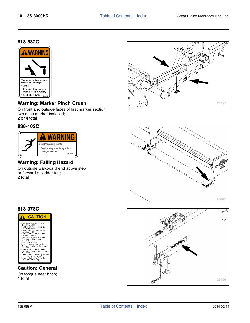 682c warning: marker pinch crush, 102c warning: falling hazard, 078c caution: general | Warning, Caution | Great Plains 3S-3000HDF Operator Manual v2 User Manual | Page 14 / 118