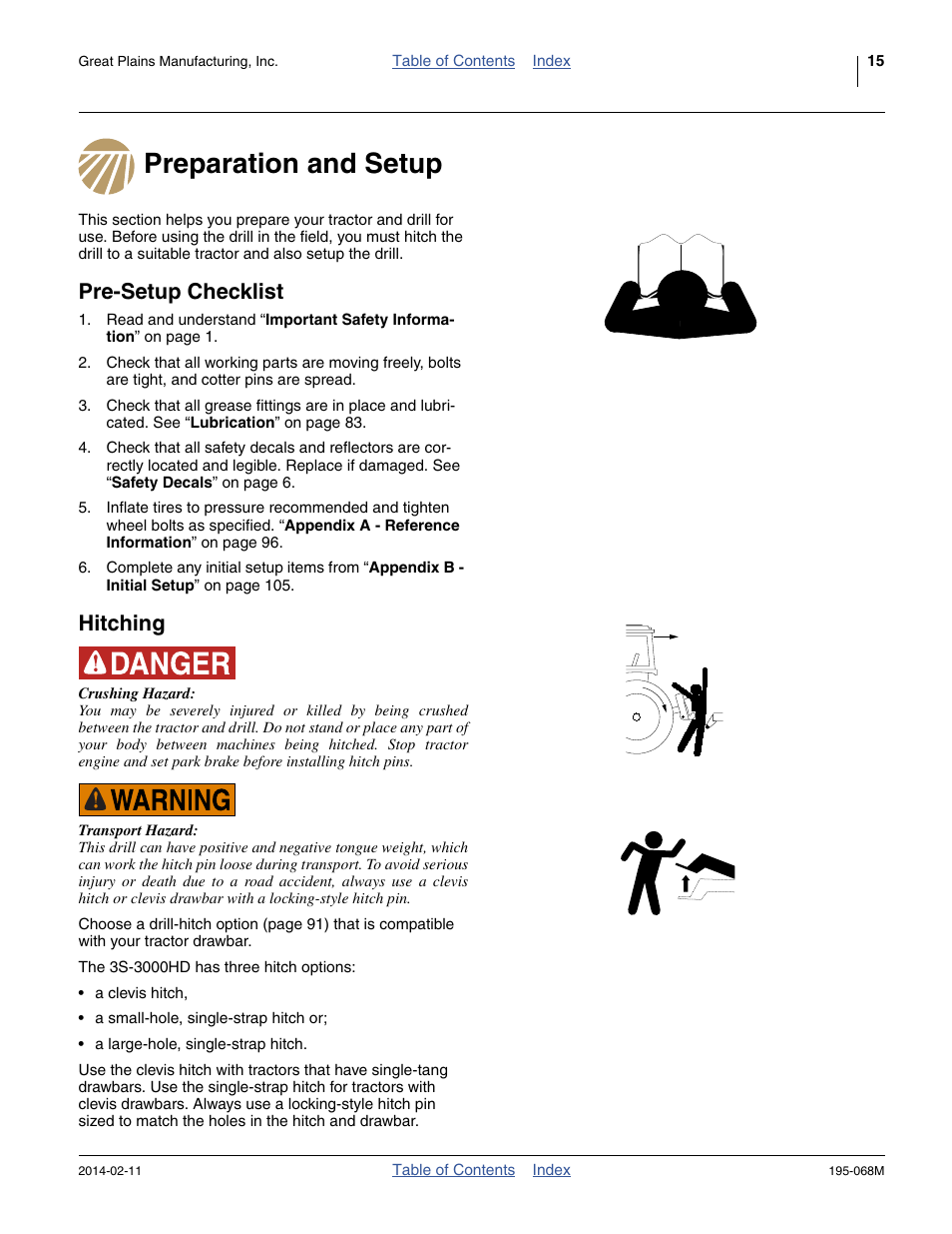 Preparation and setup, Pre-setup checklist, Hitching | Preparation and setup pre-setup checklist hitching, End of preparation and setup | Great Plains 3S-3000HDF Operator Manual v2 User Manual | Page 19 / 118