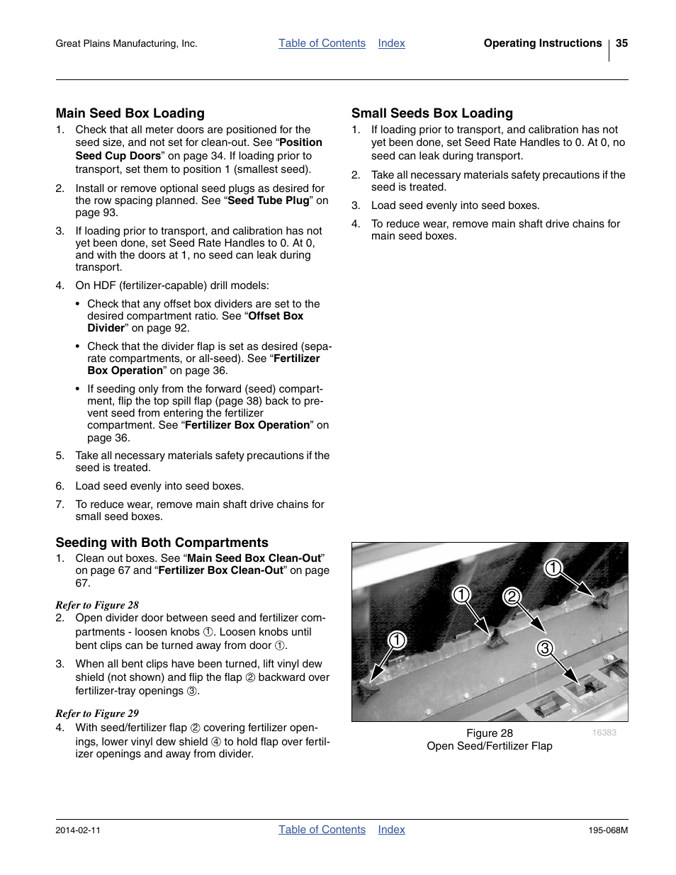 Main seed box loading, Small seeds box loading, Seeding with both compartments | Great Plains 3S-3000HDF Operator Manual v2 User Manual | Page 39 / 118