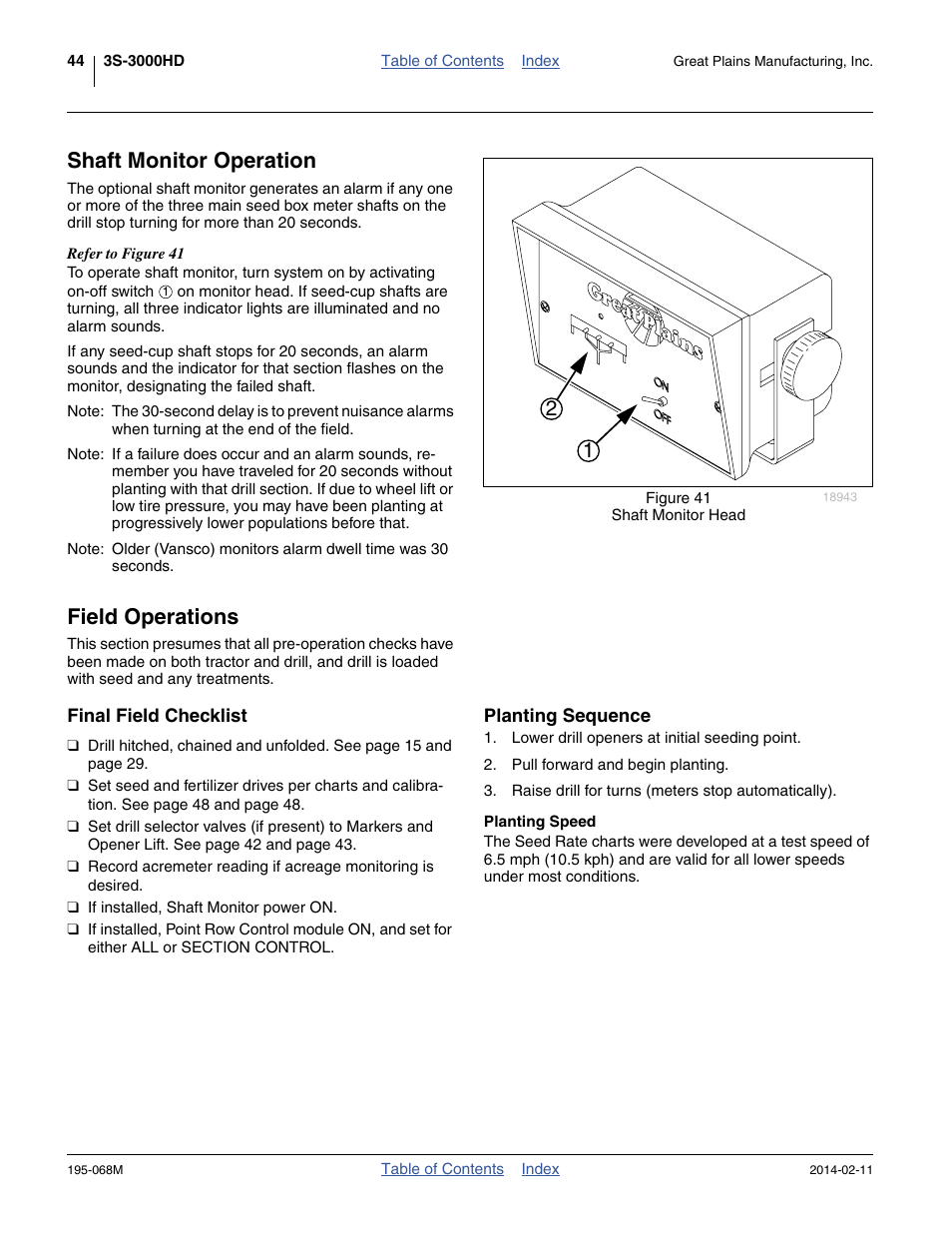 Shaft monitor operation, Field operations, Final field checklist | Planting sequence, Planting speed, Shaft monitor operation field operations, Final field checklist planting sequence | Great Plains 3S-3000HDF Operator Manual v2 User Manual | Page 48 / 118