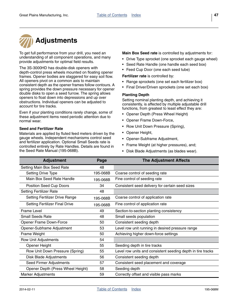 Adjustments, Seed and fertilizer rate, Planting depth | Seed and fertilizer rate planting depth | Great Plains 3S-3000HDF Operator Manual v2 User Manual | Page 51 / 118